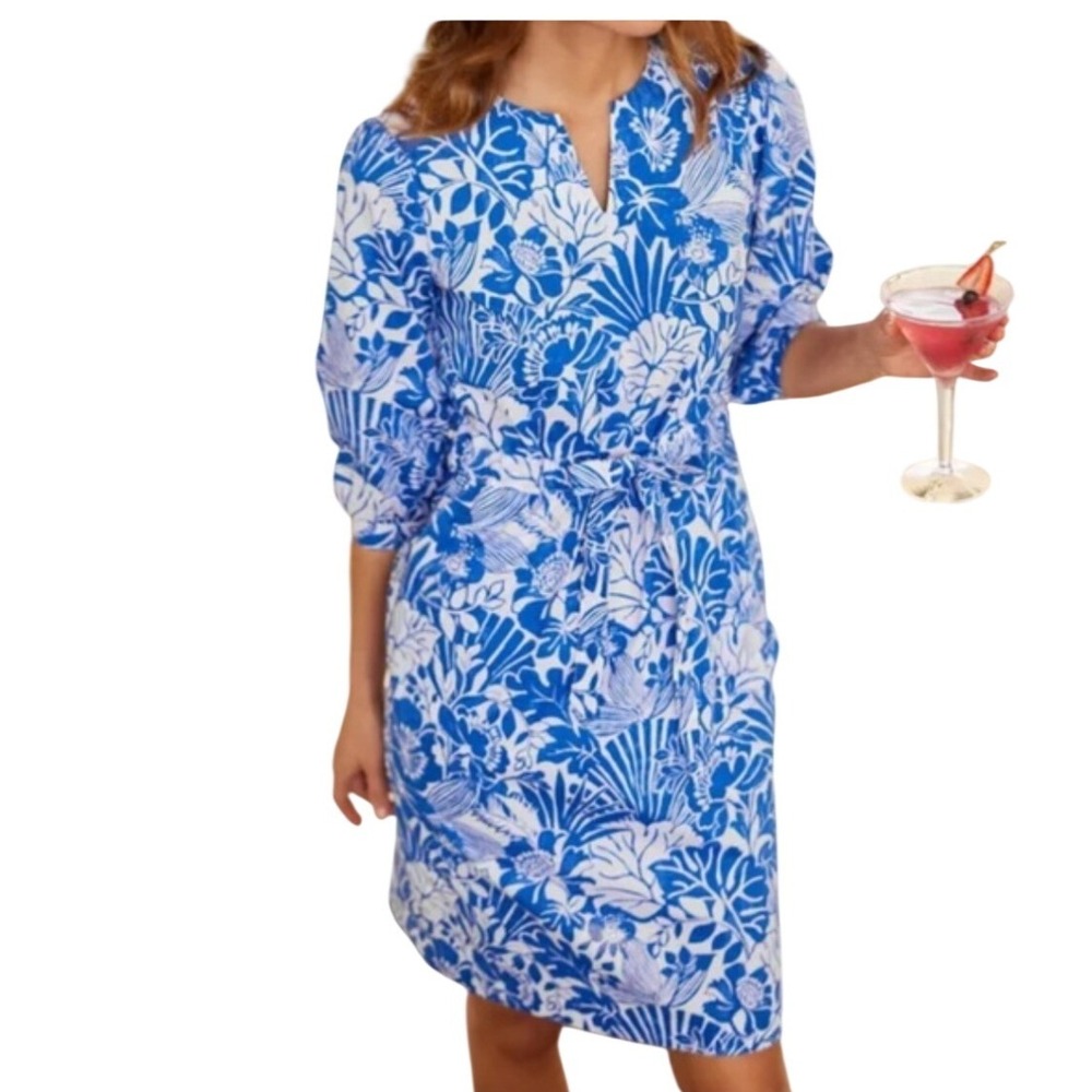 J.McLaughlin Evelyn Blue White Floral Split Neck Tie Waist Shift‎ Dress Small
